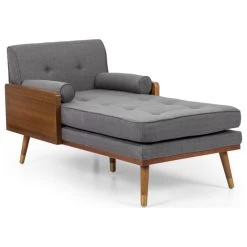Miles Fabric Chaise Lounge, Gray And Dark Walnut