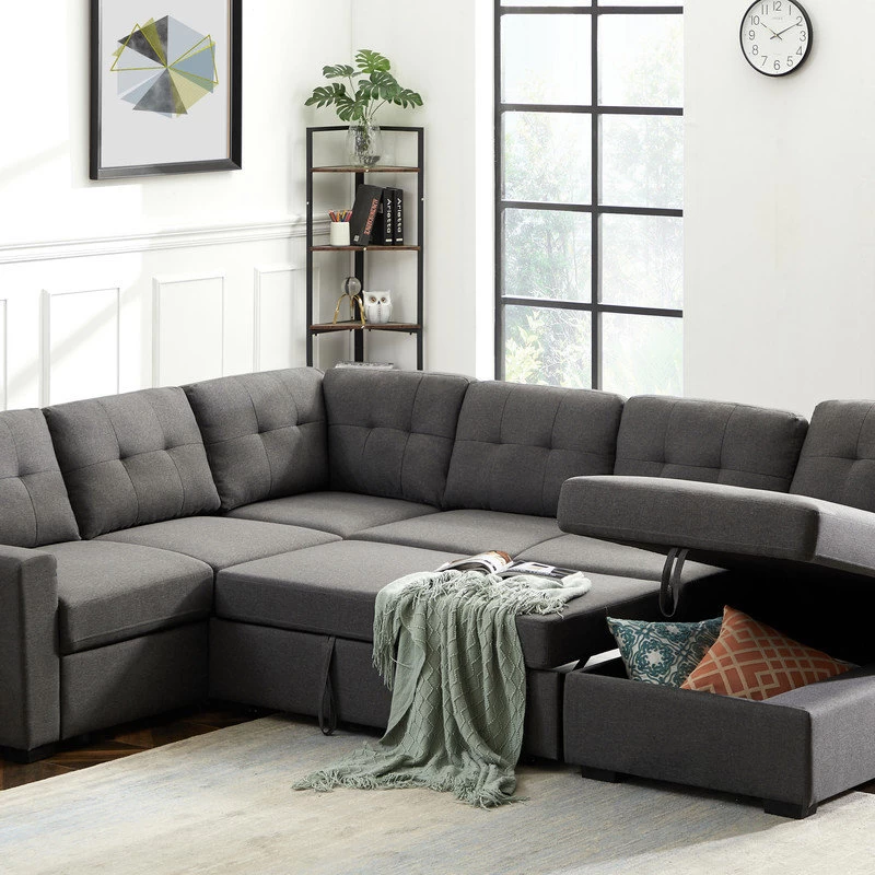 Selene Dark Gray Linen Fabric Sleeper Sectional Sofa With Storage Chaise - Image 4