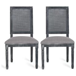 Brownell French Country Wood And Cane Upholstered Dining Chair, Set Of 2, Gray