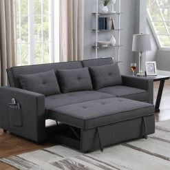 Zoey Linen Convertible Sleeper Sofa With Side Pocket, Dark Gray