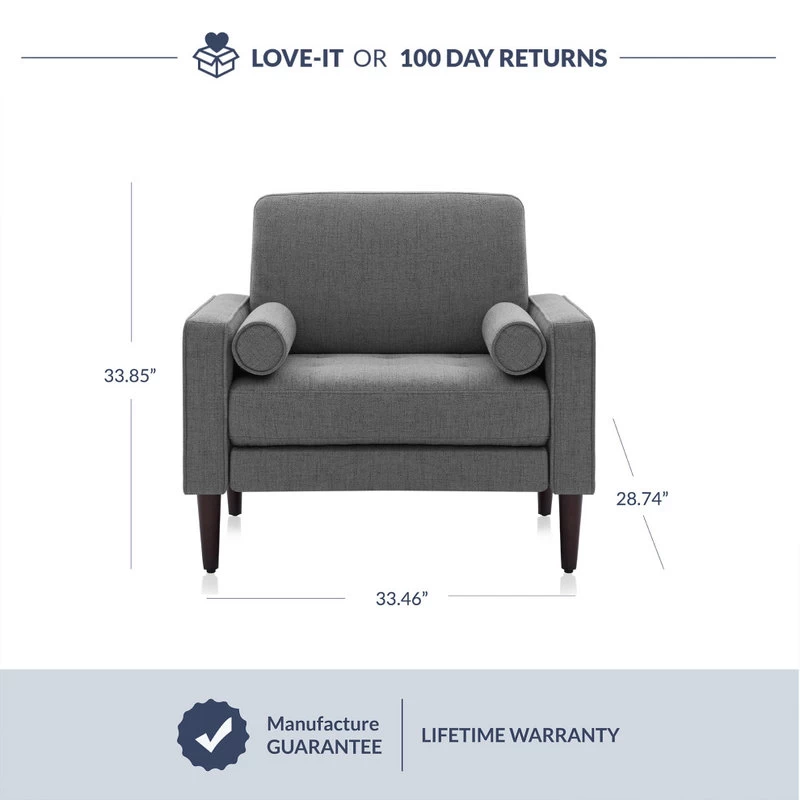 Erik Accent Chair Tufted Linen With Bolster Pillows, Grey - Image 5