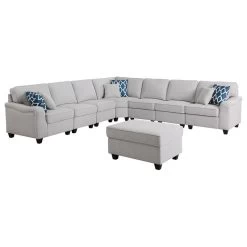 Leo Light Gray Linen Fabric 8Pc Modular L-Shape Sectional Sofa And Ottoman