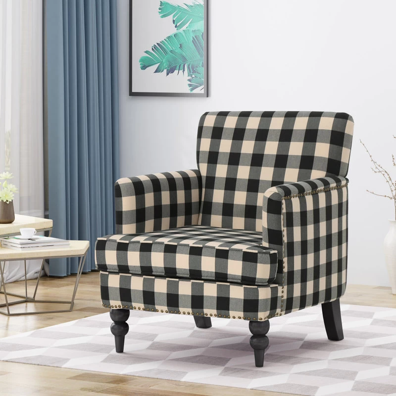 GDF Studio Eve Tufted Fabric Club Chair, Black Checkerboard/Dark Brown - Image 2