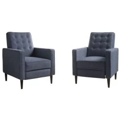 Marston Mid-Century Modern Button Tufted Fabric Recliner, Set Of 2, Fabric/Dark Blue
