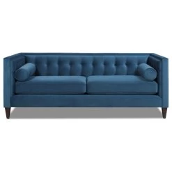 Velvet Tufted Tuxedo Sofa, Blue Teal With Bolster Pillows