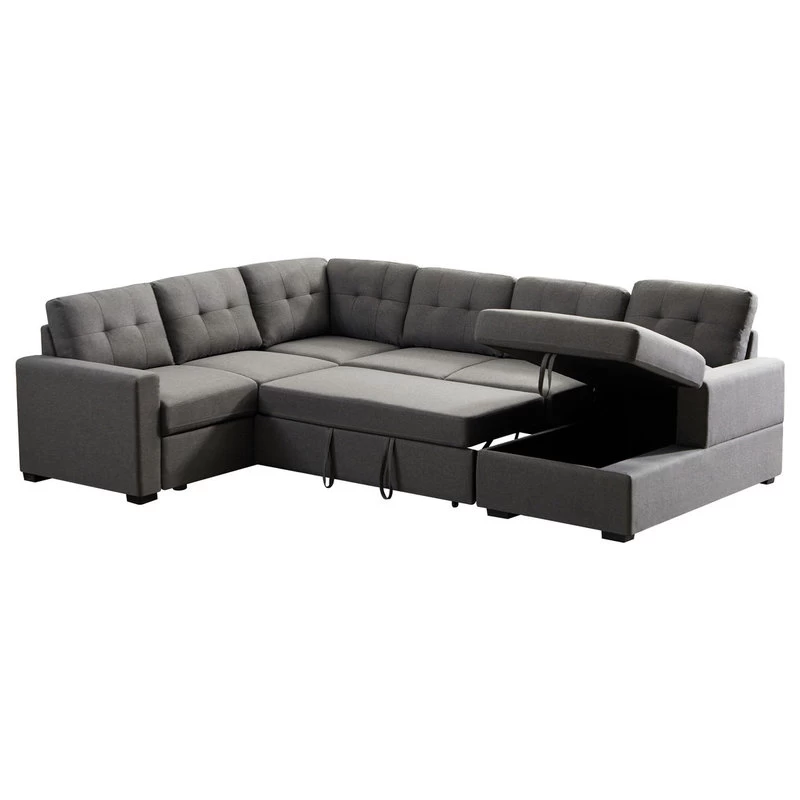 Selene Dark Gray Linen Fabric Sleeper Sectional Sofa With Storage Chaise - Image 6