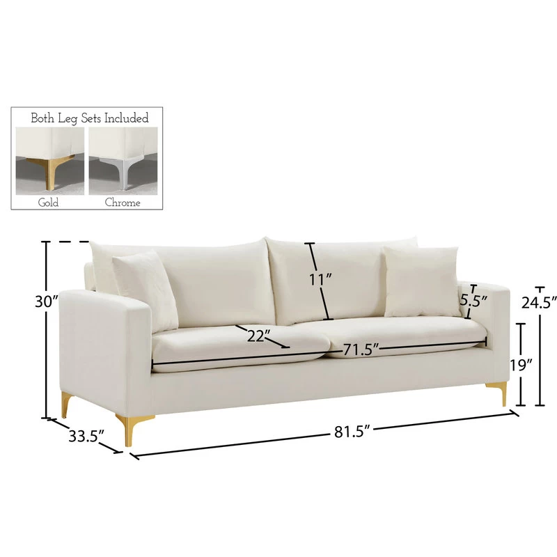 Naomi Velvet Sofa, Gold And Chrome Leg Set, Cream - Image 10