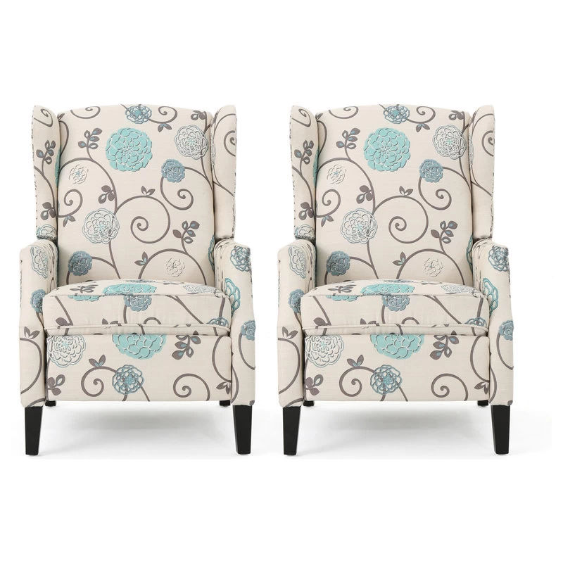 Corbin Fabric Recliner, Set Of 2, White With Blue Floral And Dark Brown - Image 12