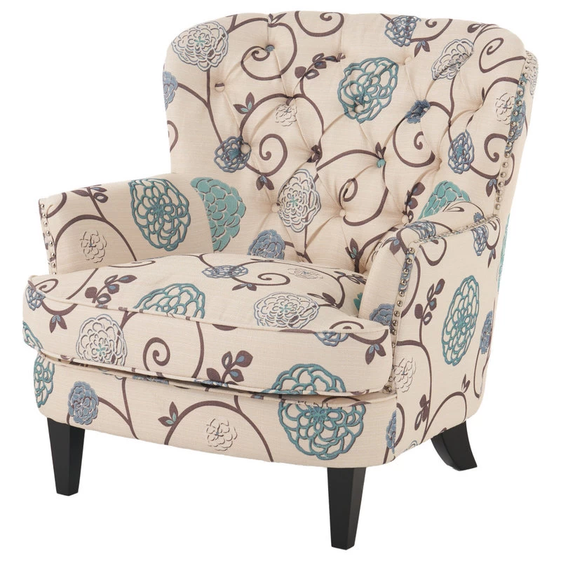 GDF Studio Alfred White And Blue Floral Fabric Club Chair With Chrome Nailheads