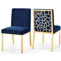 The Weaver Dining Chair, Navy, Velvet, Gold Base Set Of 2