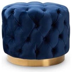 Valeria Glam Royal Blue Velvet Gold Button Tufted Ottoman