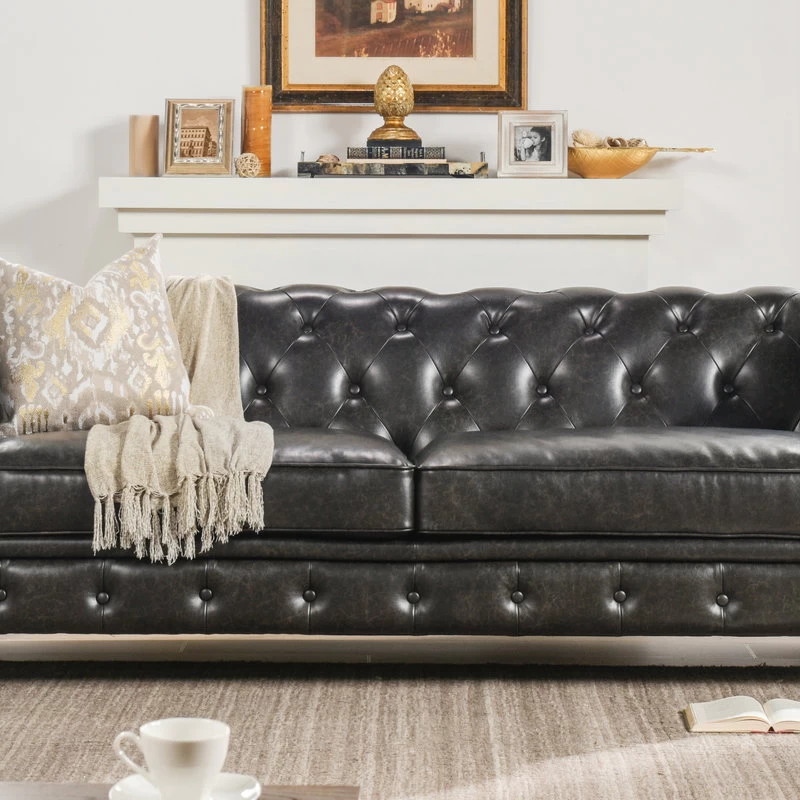 Winston 91" Tufted Chesterfield Sofa, Vintage Black Brown Faux Leather - Image 11