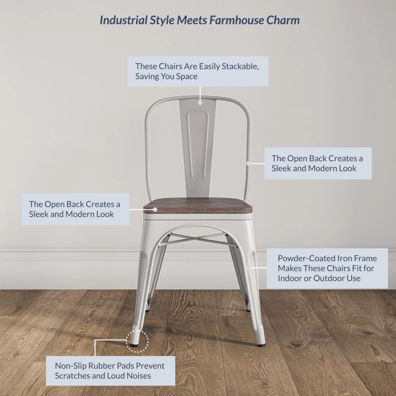 Wood Seat Metal Dining Chairs, Set Of 4, White - Image 4