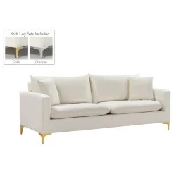 Naomi Velvet Sofa, Gold And Chrome Leg Set, Cream