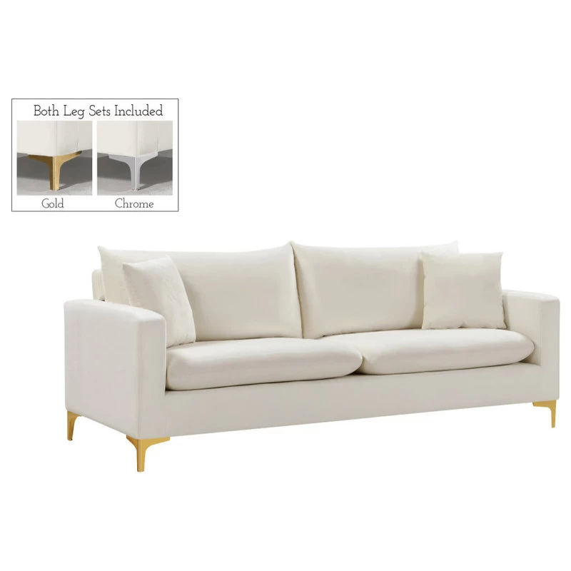 Naomi Velvet Sofa, Gold And Chrome Leg Set, Cream