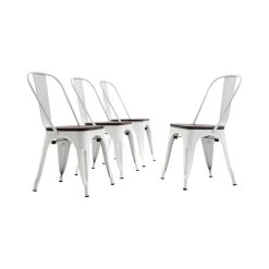 Wood Seat Metal Dining Chairs, Set Of 4, White