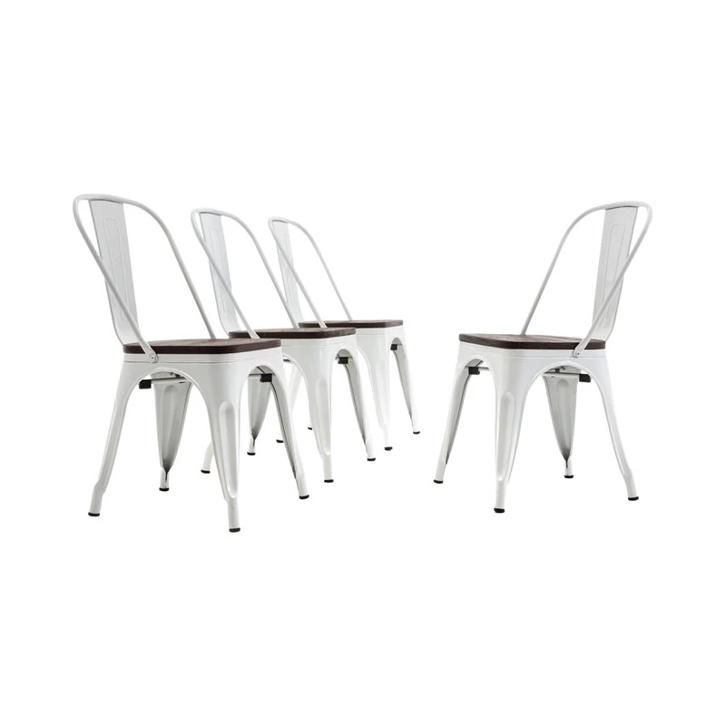 Wood Seat Metal Dining Chairs, Set Of 4, White