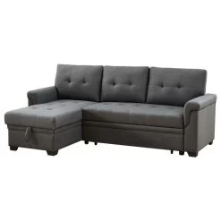 Destiny Linen Reversible Sleeper Sectional Sofa With Storage Chaise, Dark Gray