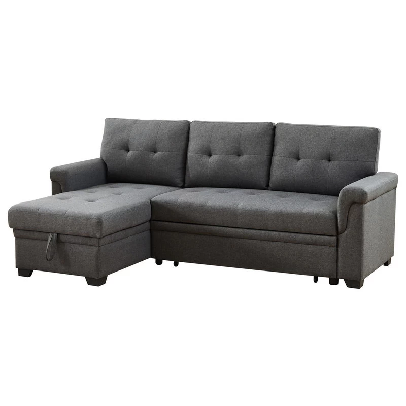Destiny Linen Reversible Sleeper Sectional Sofa With Storage Chaise, Dark Gray