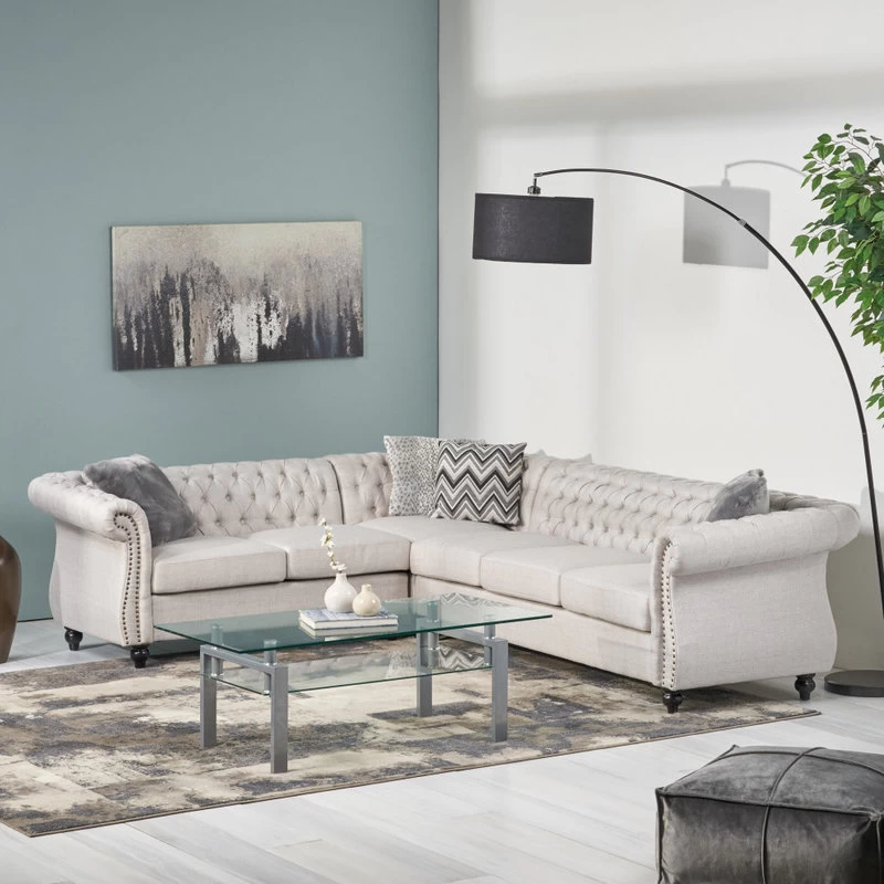 Zenobia 6 Seater Velvet Tufted Chesterfield Sectional, Beige, Dark Brown - Image 2