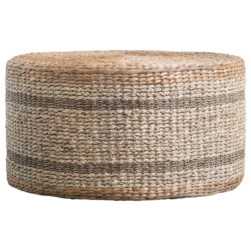Brown Striped Round Water Hyacinth And Seagrass Ottoman/Table
