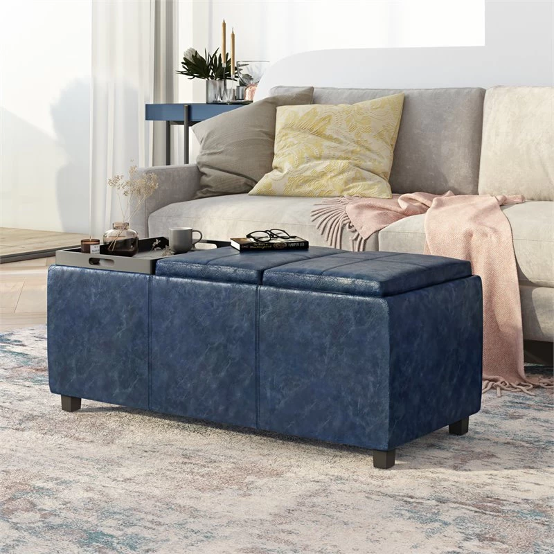 Simpli Home Avalon 42" Faux Leather Storage Ottoman In Denim Blue - Image 2