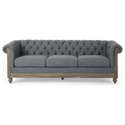 Bowes Chesterfield Tufted 3 Seater Sofa With Nailhead Trim, Charcoal + Dark Brow
