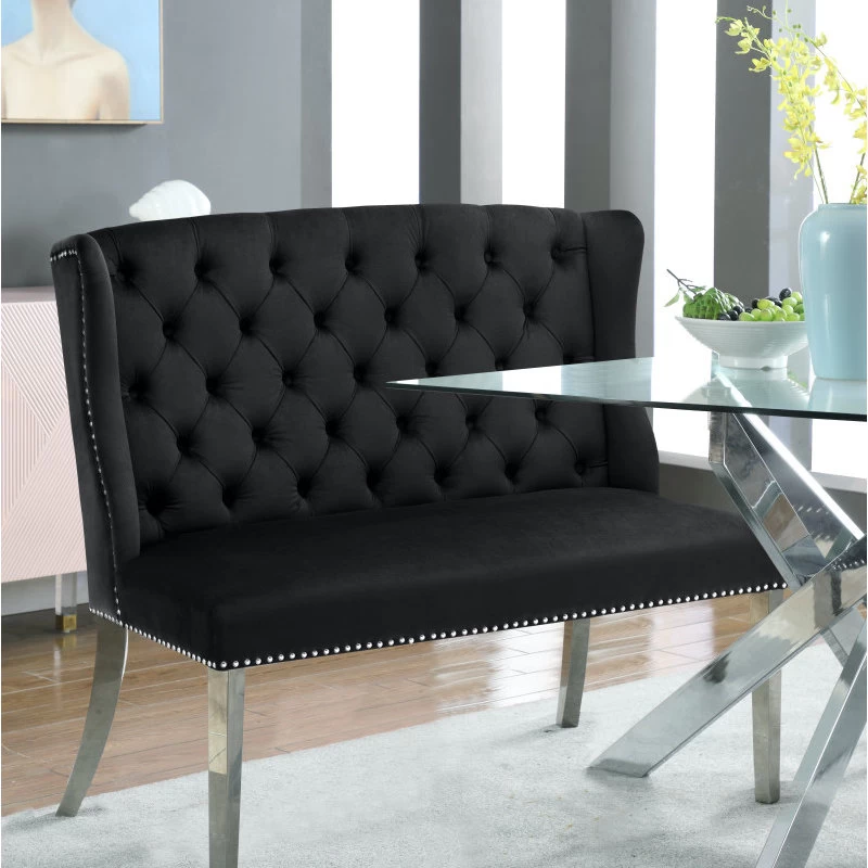 Suri Velvet Upholstered Settee Bench, Black - Image 2