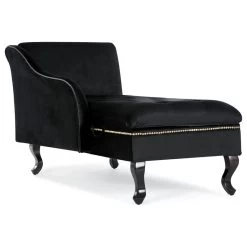 Nailhead Trim Velveteen Button-Tufted Storage Chaise, Black