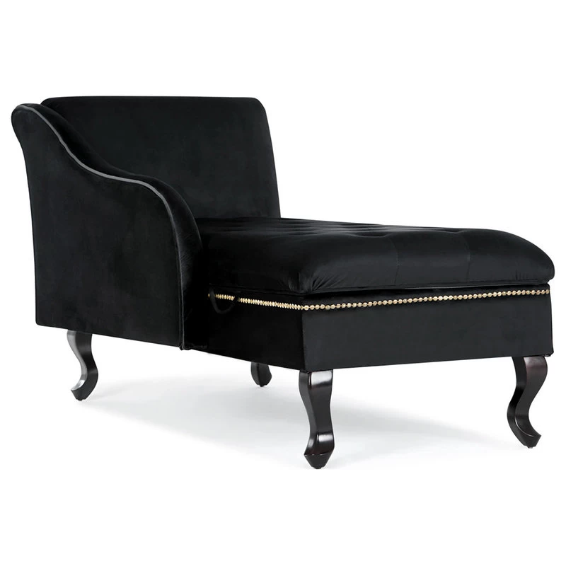 Nailhead Trim Velveteen Button-Tufted Storage Chaise, Black