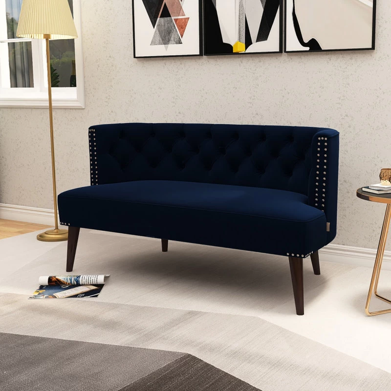 Celine Tufted Settee With Nailhead Accents, Dark Navy Blue - Image 3