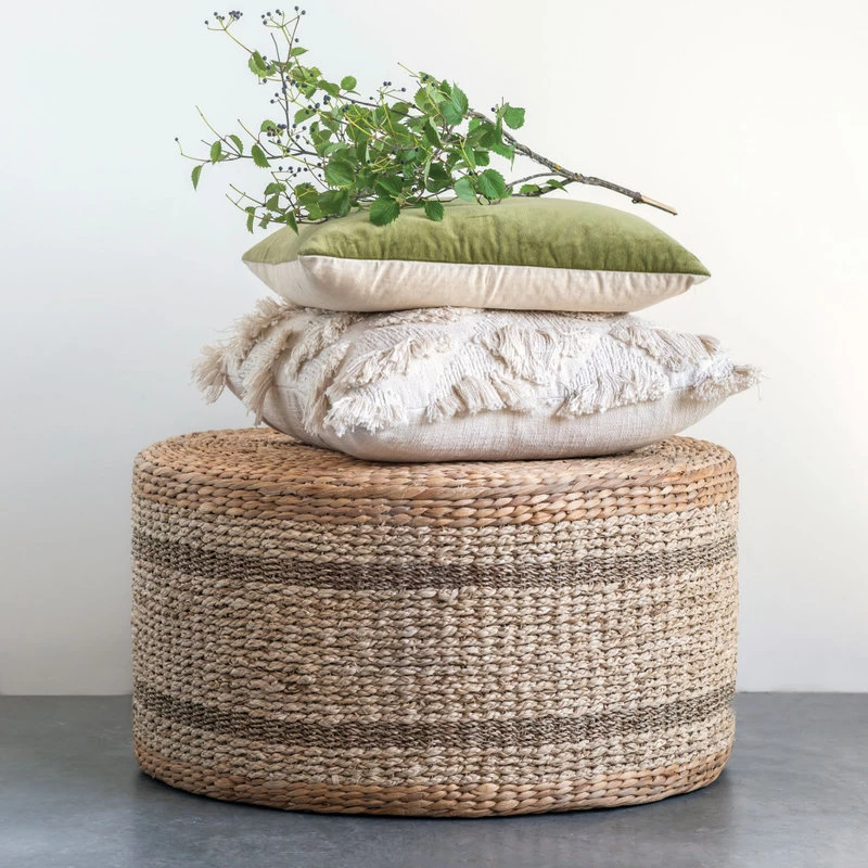 Brown Striped Round Water Hyacinth And Seagrass Ottoman/Table - Image 2