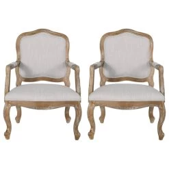 Stene French Country Upholstered Dining Armchair, Light Grey + Natural, Set Of 2
