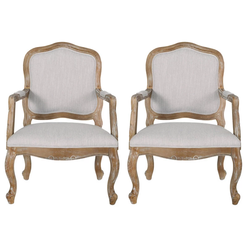 Stene French Country Upholstered Dining Armchair, Light Grey + Natural, Set Of 2