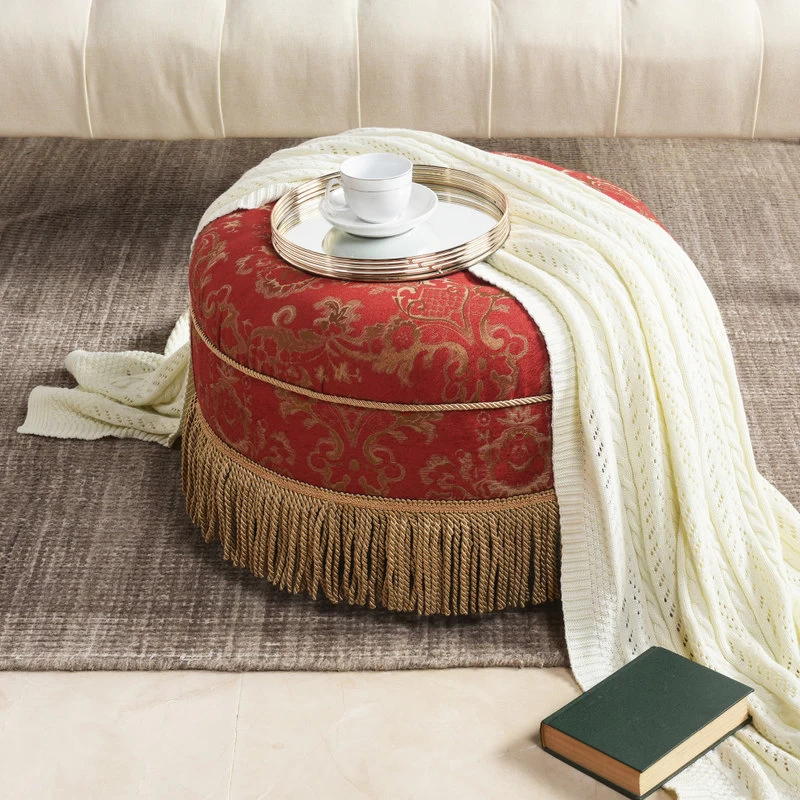 Yolanda Tufted Round Ottoman With Bullion Trim, Red Gold Jacquard - Image 7