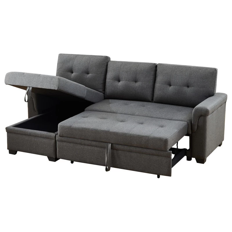 Destiny Linen Reversible Sleeper Sectional Sofa With Storage Chaise, Dark Gray - Image 3