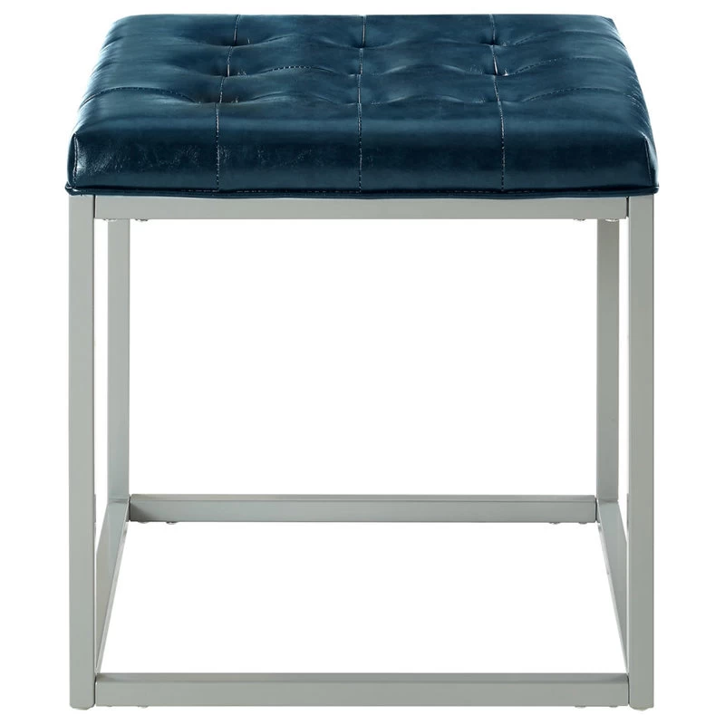 Teresa PU Leather Button Tufted Metal Frame Cube Ottoman, Blue - Image 4