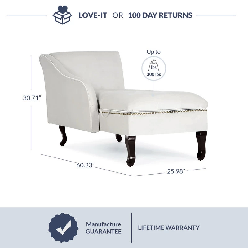 Nailhead Trim Velveteen Button-Tufted Storage Chaise, Beige - Image 5