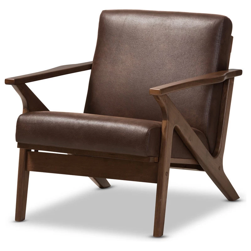 Baxton Studio Bianca Mid-Century Modern Distressed Lounge Chair, Dark Brown Faux Leather