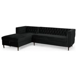 Aryan Tufted Velvet Sectional Sofa With Storage Chaise, Black/Espresso