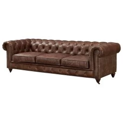 Crafters And Weavers Top Grain Vintage Leather Chesterfield Sofa Bark Brown