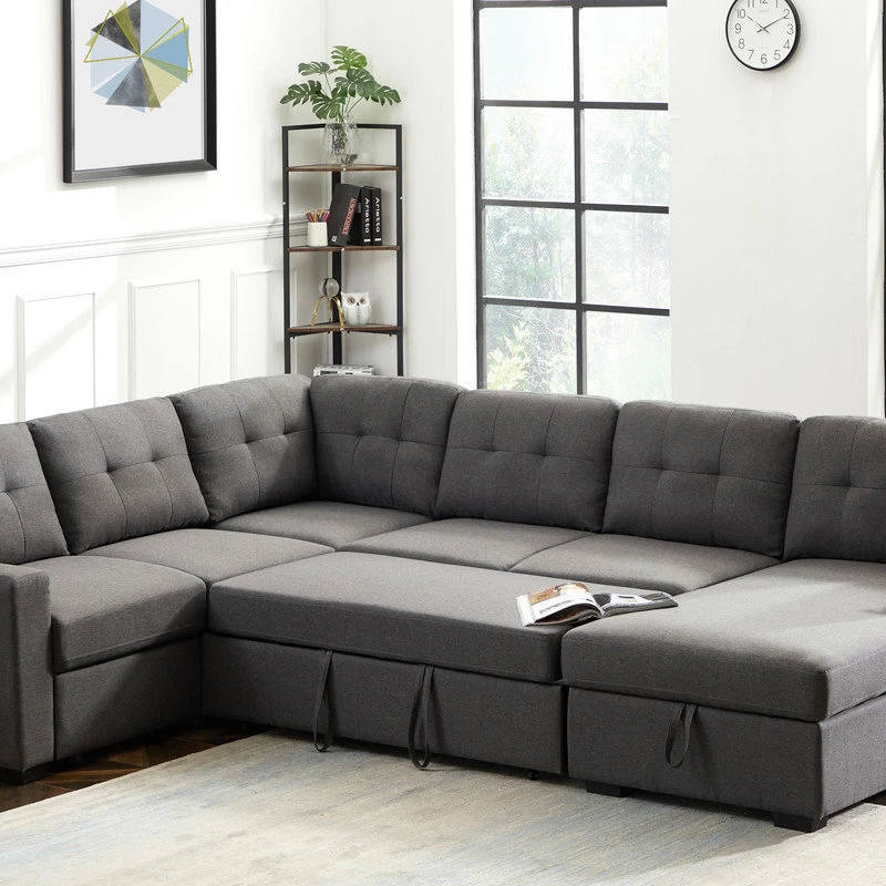 Selene Dark Gray Linen Fabric Sleeper Sectional Sofa With Storage Chaise - Image 3