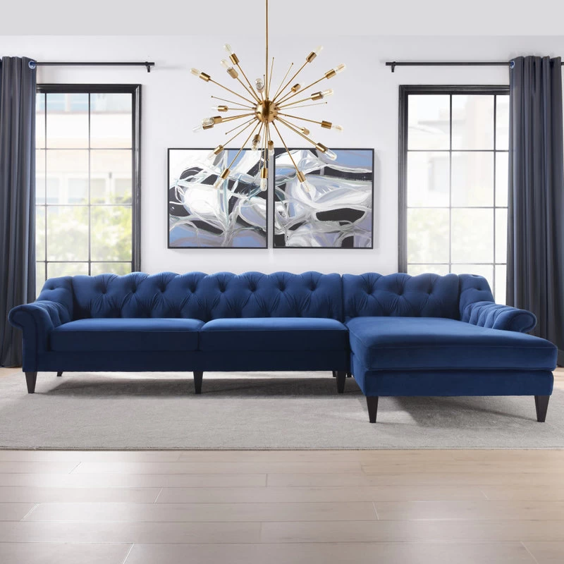 Alexandra 132" Chesterfield Tufted Sectional, Right Facing, Navy Blue - Image 2