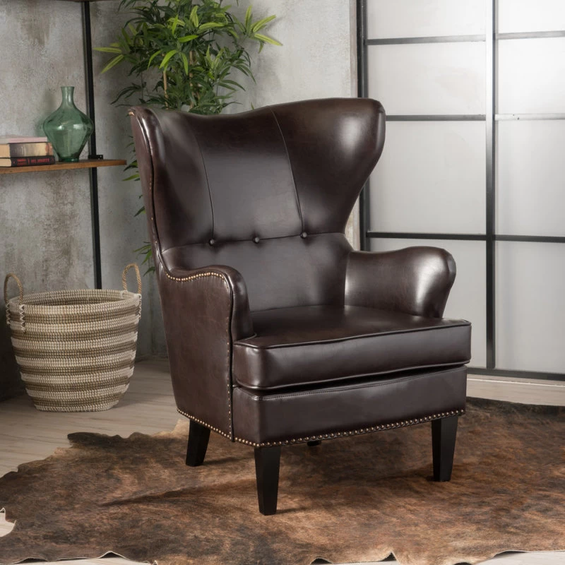 GDF Studio Romford Bonded Leather Wingback Club Chair, Brown - Image 2