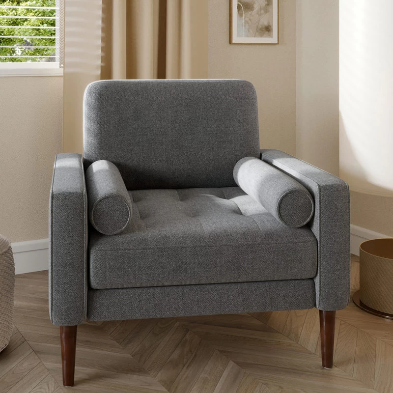 Erik Accent Chair Tufted Linen With Bolster Pillows, Grey - Image 2