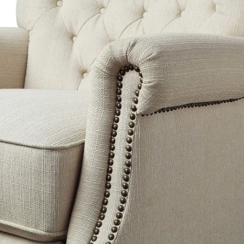 Push Back Recliner Chair, Diamond Tufted Back & Rolled Arms, Beige Fabric - Image 5
