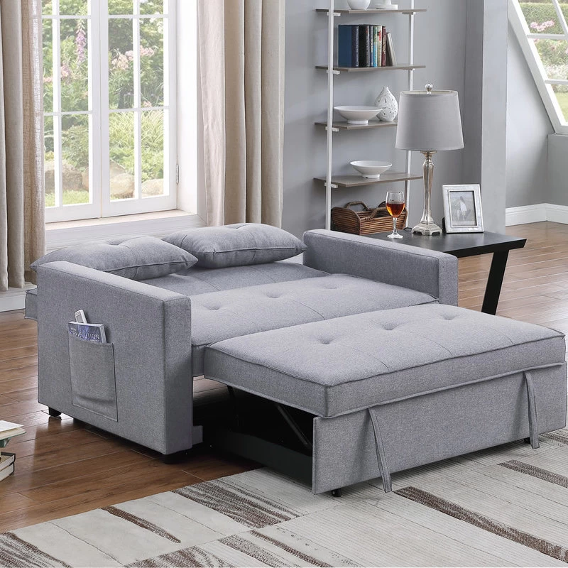 Zoey Linen Convertible Sleeper Loveseat With Side Pocket, Light Gray - Image 4
