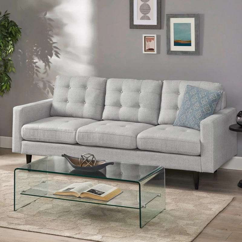 Darcy Contemporary Tufted Fabric 3 Seater Sofa, Light Gray/Dark Brown - Image 2