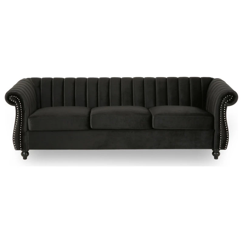 Olga Modern Glam Velvet 3 Seater Sofa, Black, Dark Brown
