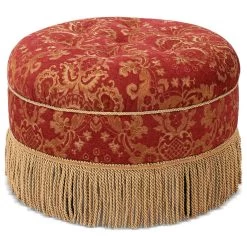 Yolanda Tufted Round Ottoman With Bullion Trim, Red Gold Jacquard